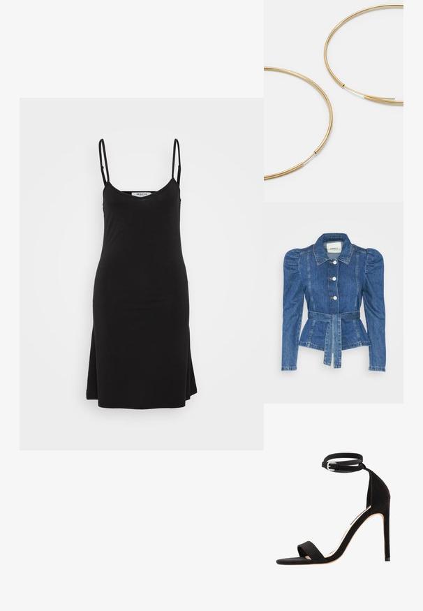 Jeansjacka med midjebälte, åtsittande liv och puffiga axlar. Mellanblå färg, strukturerad design och knäppning fram.; Svart ärmlös klänning med V-ringning och tunna band. Tyg är mjukt, med en avslappnad passform och en lätt utställd nederdel.; Svarta mocka hight heel-sandaletter med en enkel remdesign, öppen tå och ankelrem med en silverfärgad spänne.; Guldiga hoopsörhängen, tunna och runda i formen, med en slät metallisk finish utan utsmyckningar eller mönster.