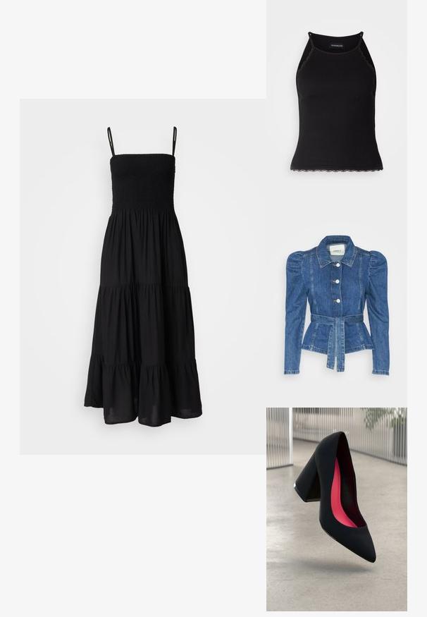 Jeansjacka med midjebälte, åtsittande liv och puffiga axlar. Mellanblå färg, strukturerad design och knäppning fram.; Svart ärmlös klänning med en åtsittande smockad bodice och ett lager på lager, flödande kjol. Tillverkad av lättviktsmaterial och med justerbara axelband.; Svart ribbad linne med scallop-mönstrad spetskant i nederkant. Har tunna axelband och en figurnära design. Tillverkad av elastiskt tyg.; Svart högklackad sko med spetsig tå, texturerad yta och en livlig rosa inredning. Har en kraftig klack med silverdetaljer.