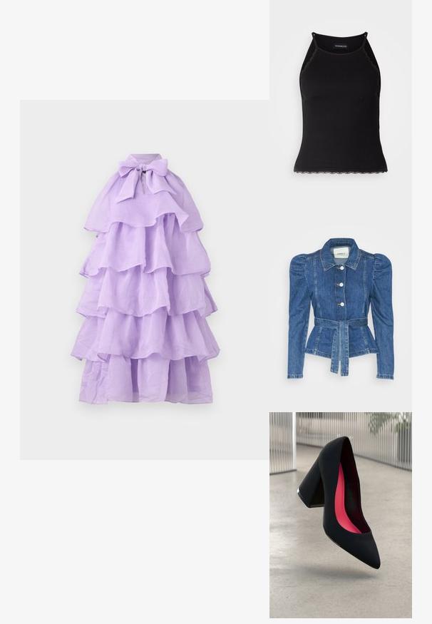 Casaco de ganga com cintura ajustada, corpete justo e ombros bufantes. Cor azul média, design estruturado e fecho frontal por botões.; Vestido roxo com volantes e design em camadas, apresentando um decote alto e detalhe de laço na gola. Feito de tecido leve.; T-shirt sem mangas preto com acabamento em renda frisada na barra. Apresenta alças finas e um design justo. Feito de um tecido elástico.; Sapato de salto alto preto com bico puntiagudo, superfície texturizada e um interior vibrante em rosa. Apresenta um salto grosso com detalhe em prata.