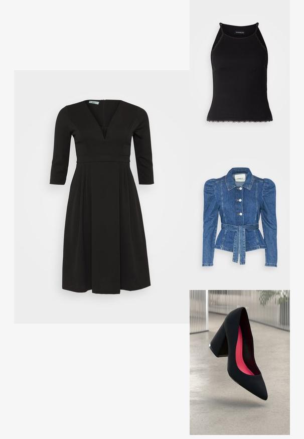 Veste en denim avec une taille ceinturée, un buste ajusté et des épaules bouffantes. Couleur bleu moyen, design structuré et fermetures à boutons sur le devant.; Robe noire en tissu lisse, avec un décolleté en V profond, des manches trois-quarts et une jupe plissée avec une fermeture éclair au dos.; Débardeur noir à côtes avec une bordure en dentelle festonnée à l'ourlet. Présente des bretelles fines et une coupe ajustée. Fabriqué en tissu extensible.; Chaussure à talon noir avec un bout pointu, surface texturée et un intérieur rose vif. Dotée d'un talon épais avec un accent en argent.