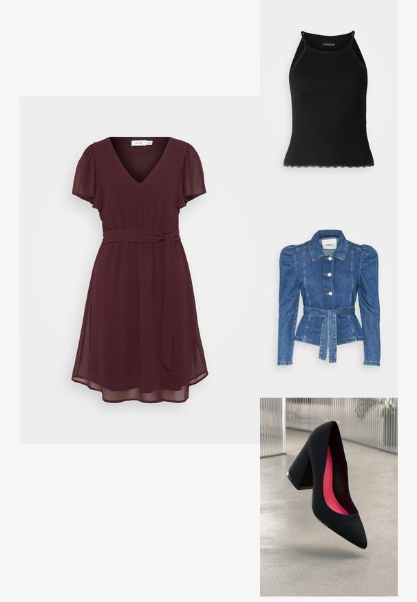 Casaco de ganga com cintura ajustada, corpete justo e ombros bufantes. Cor azul média, design estruturado e fecho frontal por botões.; Vestido bordô feito de tecido leve, com decote em V, mangas curtas com bufante, cintura ajustada e um cinto amarrado. Silhueta A-line suave.; T-shirt sem mangas preto com acabamento em renda frisada na barra. Apresenta alças finas e um design justo. Feito de um tecido elástico.; Sapato de salto alto preto com bico puntiagudo, superfície texturizada e um interior vibrante em rosa. Apresenta um salto grosso com detalhe em prata.