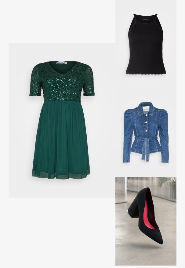 Riposso takki, jossa on vyöllinen vyötärö, istuva vartalo ja puffatut olkapäät. Keskisininen väri, rakenteellinen muotoilu ja etupainetut napit.; Vihreä mekko lyhyillä hihoilla, jossa on paljetilla koristeltu vartalo ja virtaava, puoliksi läpinäkyvä hame. V-pääntie ja rypytetty vyötärösuunnittelu.; Mustan ribbitoppi, jonka helman reunassa on aaltoileva pitsi. Ominaisuuksina ohuet hihnat ja tiukka malli. Valmistettu joustavasta kankaasta.; Musta korkokenkä, jossa on terävä kärki, teksturoitu pinta ja kirkkaan vaaleanpunainen sisus. Varustettu tukevalla kannalla, jossa on hopeinen yksityiskohta.