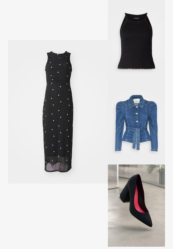 Farmer dzseki övvel a deréknál, testhez simuló fazon és puffos vállakkal. Középkék szín, struktúrált kialakítás és elöl gombos záródás.; Fekete ujjatlan ruha, gyűrt dekoltárral és fehér pöttyökkel, közepes hosszúságú fazonnal és áttetsző alsó szegéllyel. Sima szövettextúra.; Fekete bordázott ujjatlan felső, csipkés, fodros szegéllyel az alján. Vékony pántokkal és testhez simuló kialakítással rendelkezik. Stretch anyagból készült.; Fekete magassarkú cipő hegyes orral, textúrált felülettel és élénk rózsaszín béléssel. Vastag sarokkal rendelkezik, ezüst kiegészítővel.