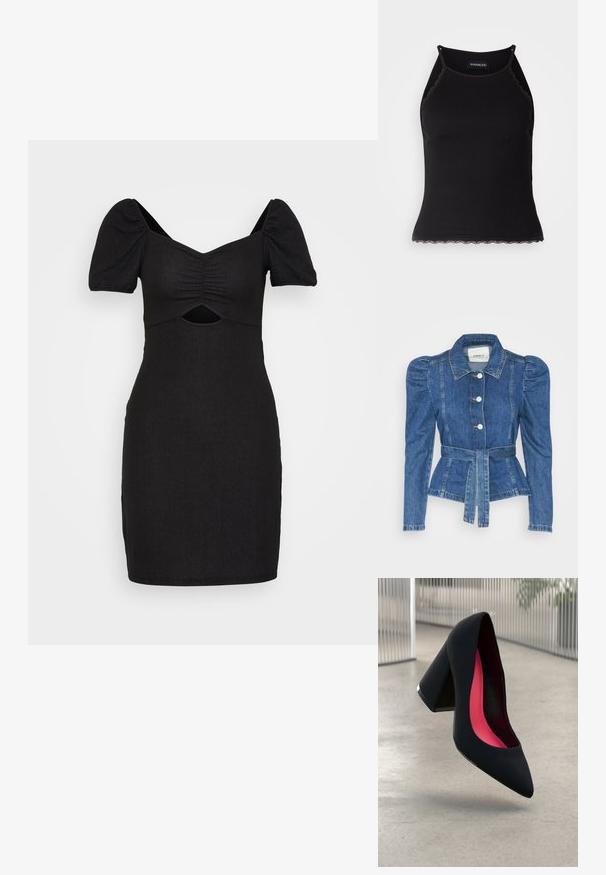Džínová bunda s opaskom v páse, priliehavým telom a vypúknutými ramenami. Stredne modrá farba, štruktúrovaný dizajn a predné gombíkové zapínanie.; Čierne bodycon šaty s puffovými rukávmi, riasením vpredu a výrezom pod bustou. Vyrobené z textúrovaného, pružného materiálu.; Čierny rebrovaný top bez rukávov so zvlneným čipkovým lemovaním na spodnom leme. Má tenké ramienka a priliehavý strih. Vyrobené z elastického materiálu.; Čierna vysoká topánka na podpätku so špicatou špičkou a textúrovaným zvrškom. Vnútro má jasne ružovú podšívku. Štvorcový podpätok s kovovým akcentom pri báze.