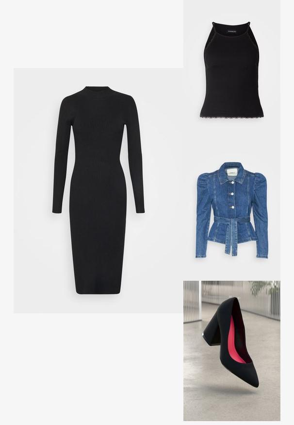 Jeansjacke mit tailliertem Schnitt, fitted Oberteil und gepufften Schultern. Mittelblaue Farbe, strukturierte Form und Frontknopfverschlüsse.; Schwarzes, geripptes Strickkleid mit langen Ärmeln, hohem Hals und figurbetonter Silhouette, das knapp unter dem Knie endet. Glatte Textur, keine Muster.; Schwarzes, geripptes Tanktop mit gewellten Spitzenabschluss am Saum. Mit dünnen Trägern und einer figurbetonten Passform. Hergestellt aus dehnbarem Material.; Schwarzer High Heel Schuh mit spitzer Zehe, strukturiertem Obermaterial und lebhaftem pinken Innenraum. Verfügt über einen dicken Absatz mit silberner Akzentuierung.