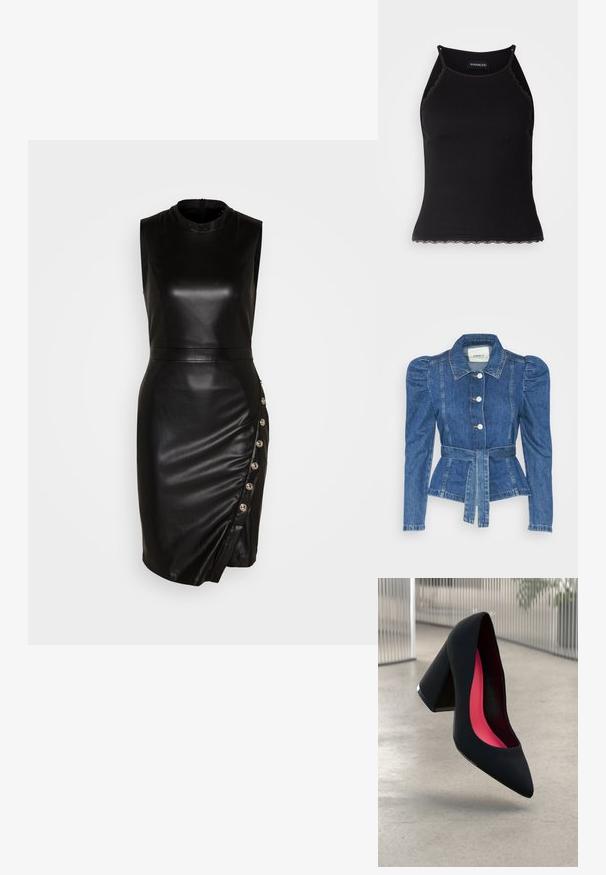 Jeansjakke med belte i midjen, tettsittende midje og puffede skuldre. Medium blå farge, strukturert design og frontknapper.; Svart skinn utenermet kjole med høy hals, tettsittende silhuett, asymmetrisk fald og dekorative knapper langs sidesømmen.; Svart ribbet tanktopp med scallop lace detaljer i kanten. Har tynne stropper og en kroppsnær design. Laget av elastisk stoff.; Svart høye hæler med spiss tå, teksturert overflate og en livlig rosa innside. Har en kraftig hæl med sølvdetaljer.