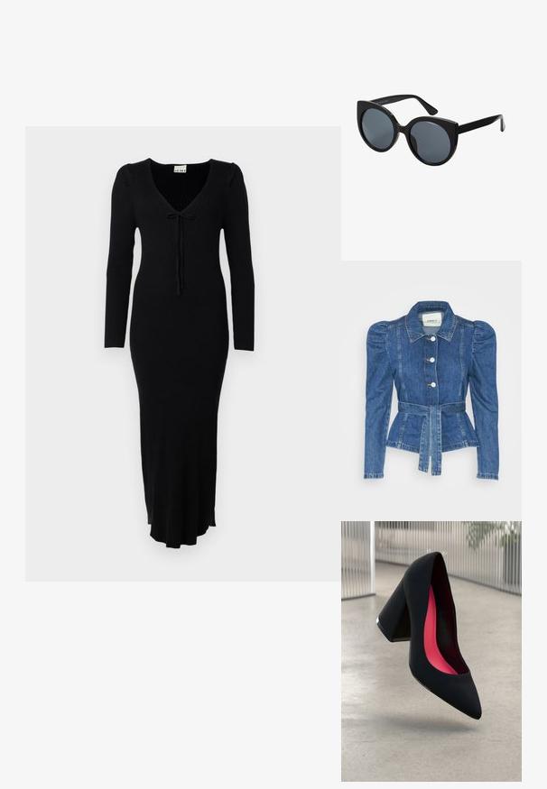 Jeansjacka med midjebälte, åtsittande liv och puffiga axlar. Mellanblå färg, strukturerad design och knäppning fram.; Svart ribbad stickad klänning med långa ärmar, v-ringad halsringning och en rosettdetalj fram. Har en figurnära design och en utsvängd nederdel.; Svart högklackad sko med spetsig tå och texturerad ovandel. Insidan har en ljusrosa foder. Fyrkantig klack med metallisk detalj vid basen.; Svarta överdimensionerade solglasögon med kattögaform, mörkt tonade linser och blank plastbåge. Har tjocka skalmar för stöd.
