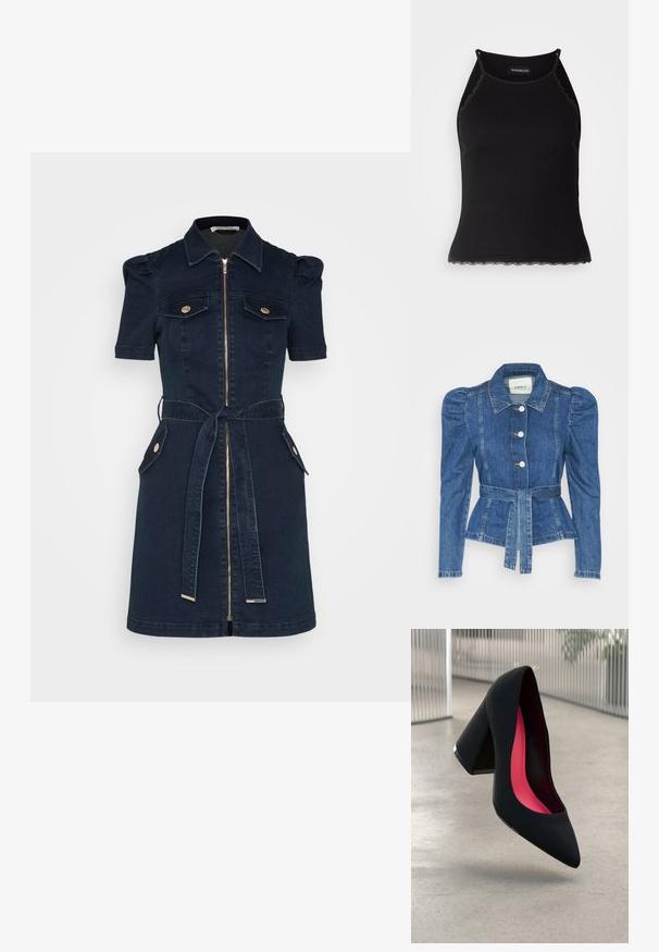 Denimiga jope, mille vöökoht on reguleeritav, kehaosa on kitsas ja õlavarred on puhvaariga. Keskmise sinise värvusega, struktureeritud disain ja ees nupulukud.; Tumesinine teksakleit lühikeste pufftaskutega, ees lahtine tõmblukk, kaks rinna taskut, puusa sidumisrihm ja kuldse tooni nupud.; Must mustriba top musta servadega äärega. Omab peeneid rihmu ja istuvat disaini. Valmistatud venivast kangast.; Mustad must kõrged kontsad, terava ninaga, tekstuurse pinnaga ning erksa roosa sisemusega. Omab paksu kontsa koos hõbedase aktsendiga.