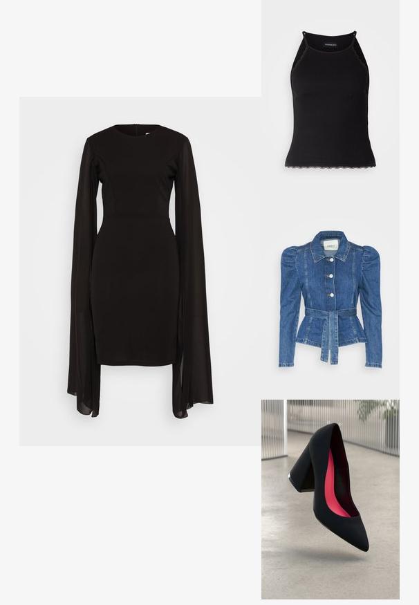Τζάκετ τζιν με ζώνη στη μέση, εφαρμοστό σώμα και φουσκωτούς ώμους. Μεσαίου μπλε χρώματος, δομημένος σχεδιασμός και μπροστινές κλείσεις με κουμπιά.; Μαύρο φόρεμα με εφαρμοστό κορσέ και μακριά, διάφανα μανίκια. Λείο υλικό με στρογγυλή λαιμόκοψη και κλείσιμο με φερμουάρ στην πλάτη.; Μαύρη ριγέ αμάνικη μπλούζα με δαντέλα στη βάση. Διαθέτει λεπτές τιράντες και εφαρμοστή σχεδίαση. Φτιαγμένη από ελαστικό ύφασμα.; Μαύρο τακούνι με尖 καμπυλωτή μύτη, υφή και έντονο ροζ εσωτερικό. Διαθέτει χοντρό τακούνι με ασημί λεπτομέρεια.