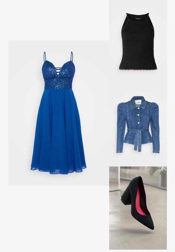 Džinsu jaka ar jostas vidukli, pieguļošu augšdaļu un pūšām plecu daļām. Vidēji zila krāsa, strukturēts dizains un priekšējie pogu aizdarījumi.; Zila kleita ar aplikācijas izšuvumu pie krūšu daļas, dziļu izgriezumu un plānām siksnām. Plūstoša svārku daļa, kas izgatavota no viegla materiāla, nodrošinot mīkstu tekstūru.; Melna ribota topiņa ar izšūtu mežģīņu apdari apakšmalā. Iezīmē plānas siksniņas un pielāgotu piegriezumu. Izgatavota no stiepjama auduma.; Melna augstpapēžu kurpe ar smailu purngalu un fakturētu augšdaļu. Iekšpusē spilgti rozā oderējums. Kvadrātveida papēdis ar metālisku rotājumu pie pamata.