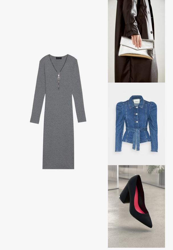 Spijkerjack met een ceintuur in de taille, een getailleerd lijfje en pofmouwen. Middelblauwe kleur, gestructureerd ontwerp en knoopsluitingen aan de voorkant.; Grijze geribde jurk met lange mouwen, een diepe V-hals en zilveren ritsdetail, met een ronde trekknop en een getailleerde pasvorm.; Zwarte hoge hak met een spitse neus, textuur op het oppervlak en een opvallend roze interieur. Beschikt over een chunky hak met zilveren accent.; Zilveren metallic clutch met een hoekig envelopontwerp, een gladde textuur en een contrasterende binnenkleur, vastgehouden in een hand die een zwarte jas draagt.