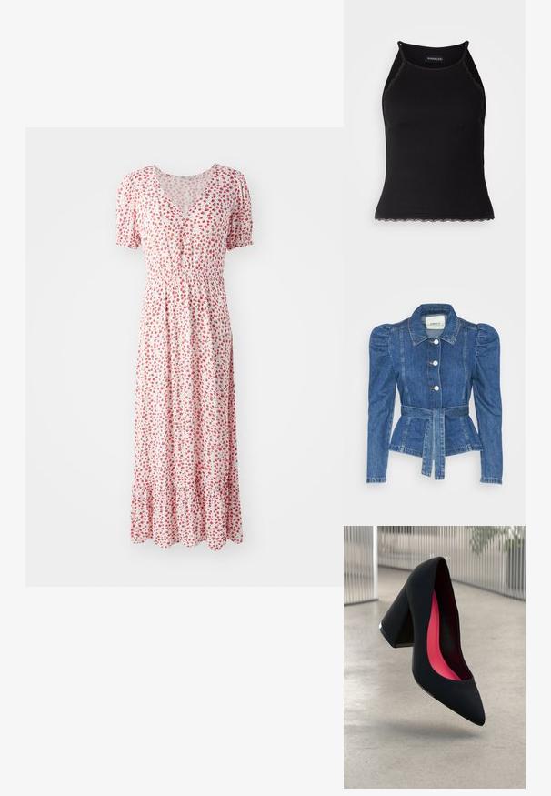 Farmer dzseki övvel a deréknál, testhez simuló fazon és puffos vállakkal. Középkék szín, struktúrált kialakítás és elöl gombos záródás.; Virágmintás maxi ruha fehér alapon, kicsi piros virágokkal, V-kivágással, rövid puffos ujjakkal és összehúzott derékkal. Ráncolt szegéllyel rendelkezik.; Fekete bordázott ujjatlan felső, csipkés, fodros szegéllyel az alján. Vékony pántokkal és testhez simuló kialakítással rendelkezik. Stretch anyagból készült.; Fekete magassarkú cipő hegyes orral, textúrált felülettel és élénk rózsaszín béléssel. Vastag sarokkal rendelkezik, ezüst kiegészítővel.