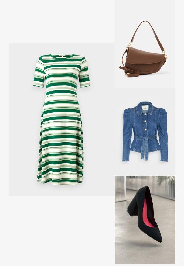 Jeansjakke med belte i midjen, tettsittende midje og puffede skuldre. Medium blå farge, strukturert design og frontknapper.; Grønn og hvitstripete kjole laget av mykt stoff, med korte ermer og rund hals, flytende A-linjeform, knelengde.; Svart høye hæler med spiss tå, teksturert overflate og en livlig rosa innside. Har en kraftig hæl med sølvdetaljer.; Brun skinnskulderveske med teksturfinish, buet form, gulltone-detaljer, justerbar stropp og klaffelukking.