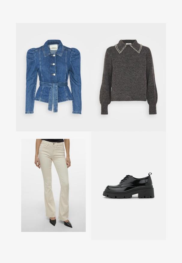 Veste en denim avec une taille ceinturée, un buste ajusté et des épaules bouffantes. Couleur bleu moyen, design structuré et fermetures à boutons sur le devant.; Pull en gris foncé avec un tricot texturé, doté d'un col orné d'accents en perles et de manches bouffantes, ainsi que de poignets et un ourlet côtelés.; Pantalons évasés couleur crème en mélange de coton extensible. Présente un style classique à cinq poches et une fermeture à bouton à l'avant.; Chaussures en cuir patiné noir avec une semelle épaisse et chunky, dotées de lacets épais. Embout arrondi, détails minimaux et un petit tirant à l'arrière.