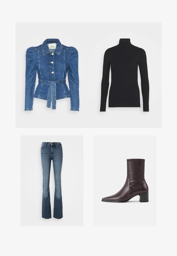 Jeansjacka med midjebälte, åtsittande liv och puffiga axlar. Mellanblå färg, strukturerad design och knäppning fram.; Svart ribbad polotröja med långa ärmar och en kroppsnära silhuett. Texturen är slät med ett horisontellt ribbat mönster.; Bootcut jeans i blå denim. Har en mid-rise midja, fem fickor, subtil söm och en något blekt look på benen.; Burgundy ankelstövlar i slätt läder med spetsig tå och klack i blockmodell. Skaftet är smalt och åtsittande, sträcker sig till mitten av vaden.