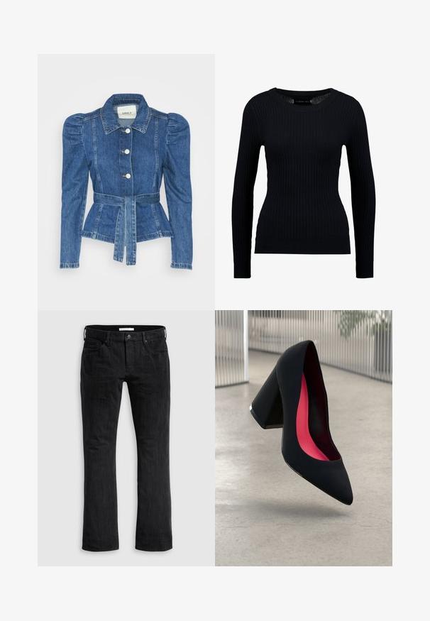 Veste en denim avec une taille ceinturée, un buste ajusté et des épaules bouffantes. Couleur bleu moyen, design structuré et fermetures à boutons sur le devant.; Pull noir à manches longues côtelé avec un col rond et une silhouette ajustée. La texture est lisse avec un léger étirement partout.; Jeans en denim noir avec une coupe droite, présentant un design classique à cinq poches, une texture verticale subtile et une fermeture à bouton à l'avant.; Chaussure à talon haut noire avec un bout pointu et une tige texturée. Intérieur avec une doublure rose vif. Talon carré avec un accent métallique à la base.