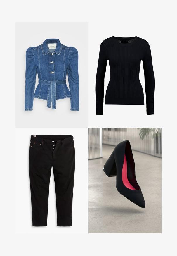 Farmer dzseki övvel a deréknál, testhez simuló fazon és puffos vállakkal. Középkék szín, struktúrált kialakítás és elöl gombos záródás.; Fekete bordázott, hosszú ujjú pulóver, kerek nyakkal és testhezálló fazonnal. A textúra sima, enyhe rugalmassággal rendelkezik.; Fekete farmernadrág egyenes szárú kialakítással. Öt zsebből, fém gombos záródással és narancssárga varrásokkal rendelkezik. Pamut anyagból készült.; Fekete magassarkú cipő hegyes orral, textúrált felülettel és élénk rózsaszín béléssel. Vastag sarokkal rendelkezik, ezüst kiegészítővel.