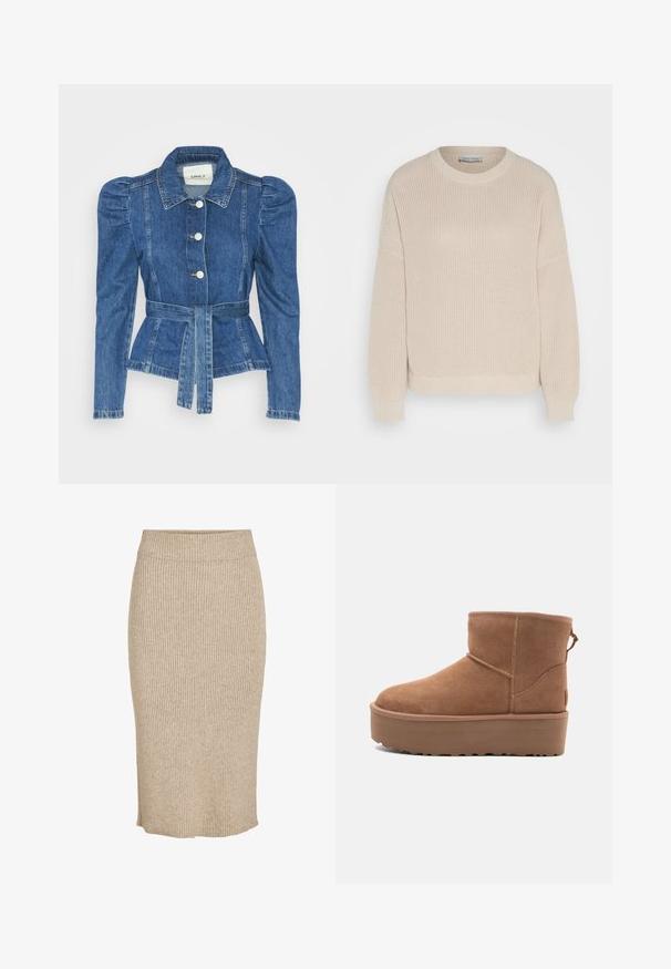 Veste en denim avec une taille ceinturée, un buste ajusté et des épaules bouffantes. Couleur bleu moyen, design structuré et fermetures à boutons sur le devant.; Anna Field Pullover - grey; Jupe tricotée de couleur beige clair avec une texture à côtes verticales, longueur genoux avec une taille élastique et une coupe droite.; Bottine en suède tan avec une semelle plate-forme, un bout arrondi et des accents de couture ; elle est dotée d'une languette à l'arrière pour un enfilage facile.