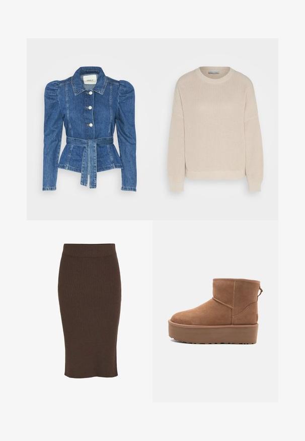 Spijkerjack met een ceintuur in de taille, een getailleerd lijfje en pofmouwen. Middelblauwe kleur, gestructureerd ontwerp en knoopsluitingen aan de voorkant.; Anna Field Trui - grey; VILA VIRIL NOOS - Kokerrok - coffee bean; Tan suède enkellaars met een platformzool, ronde neus en stiksels; heeft een trekband aan de achterkant voor gemakkelijke instap.