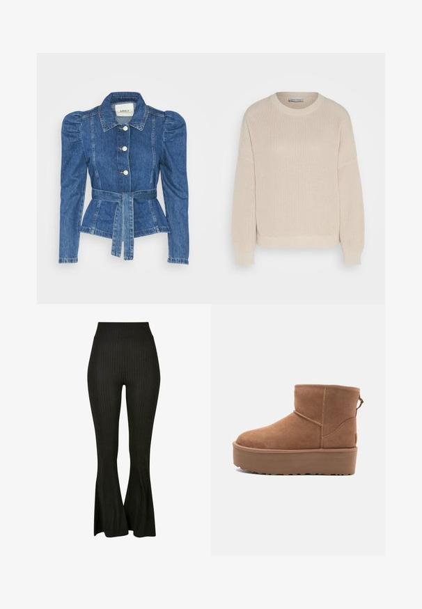 Traper jakna s pojasom u struku, prilagođenim tijelom i nabranim ramenima. Srednje plava boja, strukturirani dizajn i prednje kopčanje na tipke.; Anna Field Vesta - grey; Crne rebraste hlače s lepršavim rubom, visokim strukom i vertikalnim prugama za dodatnu teksturu i stil.; Svijetlosmeđi antilop čizmice do članka s platformom, okruglim vrhom i ukrasnim šavovima; ima petnu traku za lakše obuvanje.