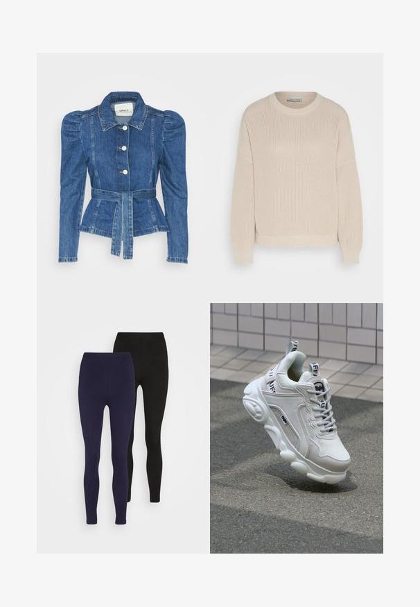 Džinsu jaka ar jostas vidukli, pieguļošu augšdaļu un pūšām plecu daļām. Vidēji zila krāsa, strukturēts dizains un priekšējie pogu aizdarījumi.; Anna Field Džemperis - grey; Divi pielāgotie legingi: viens komplekts tumši zils, otrs melns. Izgatavoti no gludas, elastīgas vielas bez redzamām rakstām vai detaļām.; Baltas sneakers ar sieta un ādas materiāliem, noapaļota purngala, bieza zole, izteiksmīgas šnīres un zīmols uz papēža un mēles.
