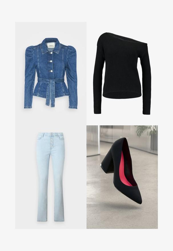 Chaqueta de mezclilla con cintura ceñida, cuerpo ajustado y hombros abullonados. Color azul medio, diseño estructurado y cierres frontales de botones.; Suéter negro de punto que presenta un escote asimétrico, mangas largas y textura acanalada, con un corte relajado y dobladillo.; Jeans azul claro de mezclilla, con un diseño de cintura alta y cinco botones metálicos en la parte frontal, con una silueta de pierna acampanada.; Zapato de tacón alto negro con puntera afilada, superficie texturizada y un interior de un rosa vibrante. Presenta un tacón grueso con un acento plateado.