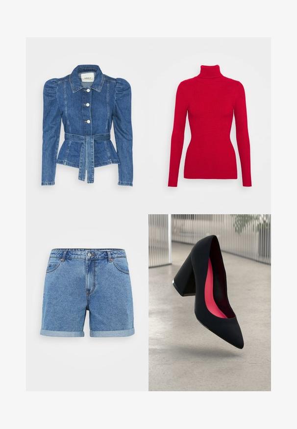 Džinsu jaka ar jostas vidukli, pieguļošu augšdaļu un pūšām plecu daļām. Vidēji zila krāsa, strukturēts dizains un priekšējie pogu aizdarījumi.; Sarkans rifināts turtlenecks džemperis ar garām piedurknēm, teksturēta auduma, pieguļošs siluets un augsts apkakle. Nav redzamu rotājumu.; Gaišzilas džinsu šorti ar sarullētu apakšmalu, piecu kabatu dizainu, poga aizdari un šuvju detaļām. Izgatavoti no kokvilnas auduma.; Melna augsta papēža kurpe ar smailu purngalu, teksturētu virsmu un dzīvespriecīgu rozā interjeru. Satur masīlu papēdi ar sudraba akcentu.