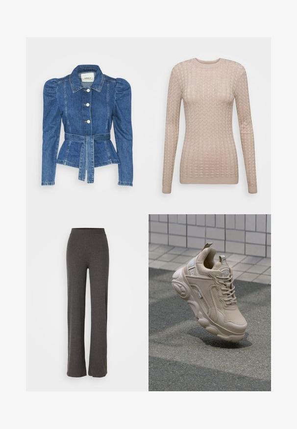 Riposso takki, jossa on vyöllinen vyötärö, istuva vartalo ja puffatut olkapäät. Keskisininen väri, rakenteellinen muotoilu ja etupainetut napit.; Vaaleanbeige pitkähihainen villatakki, jossa on tekstuuri, pyöreä pääntie ja ribbaatut hihan suut. Valmistettu pehmeästä ja kevyestä kankaasta.; Harmaat ribbeillä varustetut neulehousut, joissa on leveä lahje ja joustava vyötärö. Kankaalla on teksturoitu ulkonäkö, mikä tarjoaa rentoa istuvuutta.; Beige urheilukengät, joissa on verkko- ja synteettinen päällinen, pehmustettu kaulus sekä paksu pohja, jossa on tekstuuroitu pinta. Brändäys näkyvissä sivulla.