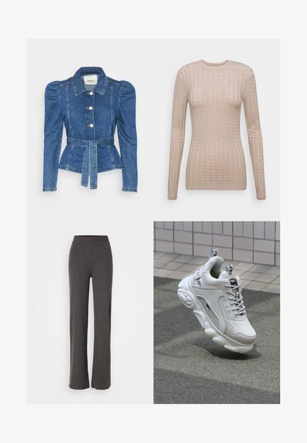 Jeansjacke mit tailliertem Schnitt, fitted Oberteil und gepufften Schultern. Mittelblaue Farbe, strukturierte Form und Frontknopfverschlüsse.; Beige Pullover mit langen Ärmeln und strukturiertem Muster, runder Ausschnitt und gerippte Säume. Hergestellt aus einem weichen, leichten Stoff.; Graue, gerippte Strickhose mit weitem Bein und elastischem Bund. Der Stoff hat eine strukturierte Optik und sorgt für eine bequeme Passform.; Weißer Sneaker aus Mesh- und Ledermaterialien, mit rundem Zehenbereich, dicker Sohle, auffälligen Schnürsenkeln sowie Branding an der Ferse und der Zunge.