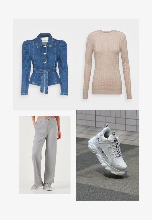 Farmer dzseki övvel a deréknál, testhez simuló fazon és puffos vállakkal. Középkék szín, struktúrált kialakítás és elöl gombos záródás.; Beige hosszú ujjú pulóver, textúrázott mintázattal, kerek nyakkivágással és bordázott mandzsettákkal. Puha, könnyű anyagból készült.; Világosszürke, bő szárú melegítőnadrág puha, sima anyagból; elasztikus derékkal és zsinórral, valamint oldalsó zsebekkel rendelkezik.; Fehér sneaker, hálós és bőr anyagokból, kerek orral, vastag talppal, feltűnő fűzőkkel és logóval a sarokon és a nyelven.