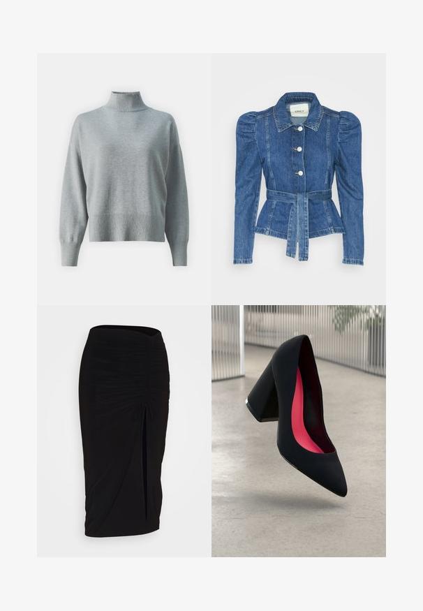 Denimiga jope, mille vöökoht on reguleeritav, kehaosa on kitsas ja õlavarred on puhvaariga. Keskmise sinise värvusega, struktureeritud disain ja ees nupulukud.; Heled halli kootud sviiter kõrge ribaga kraega, lõdva lõikega, pikendatud varrukatega ja ribaroogaga. Pehme tekstuur ja minimalistlik disain.; Mustast, rikutud pliiatsiseelik sidumisdetailiga ja küljes lahtise lõhenemisega. Valmistatud venivast kangast, millel on sile tekstuur ja keha lähedane lõige.; Mustad must kõrged kontsad, terava ninaga, tekstuurse pinnaga ning erksa roosa sisemusega. Omab paksu kontsa koos hõbedase aktsendiga.