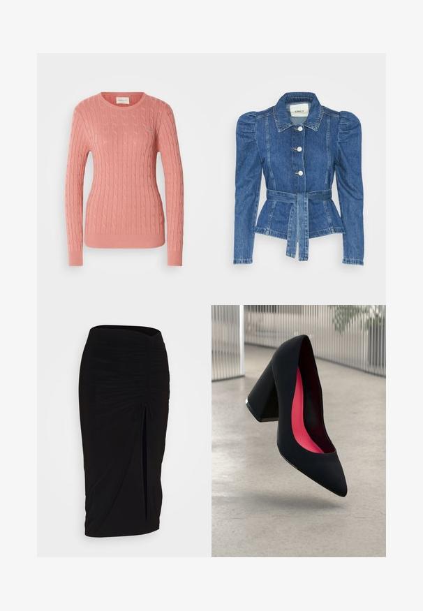 Veste en denim avec une taille ceinturée, un buste ajusté et des épaules bouffantes. Couleur bleu moyen, design structuré et fermetures à boutons sur le devant.; Pull en maille torsadée de couleur rose doux, avec un col rond et des manches longues. Le motif texturé ajoute de la profondeur. Marque discrète sur la poitrine.; Jupe crayon noire froncée avec détail à nouer et fente latérale. Fabriquée à partir d'un tissu extensible, elle présente une texture lisse et une coupe ajustée.; Chaussure à talon noir avec un bout pointu, surface texturée et un intérieur rose vif. Dotée d'un talon épais avec un accent en argent.