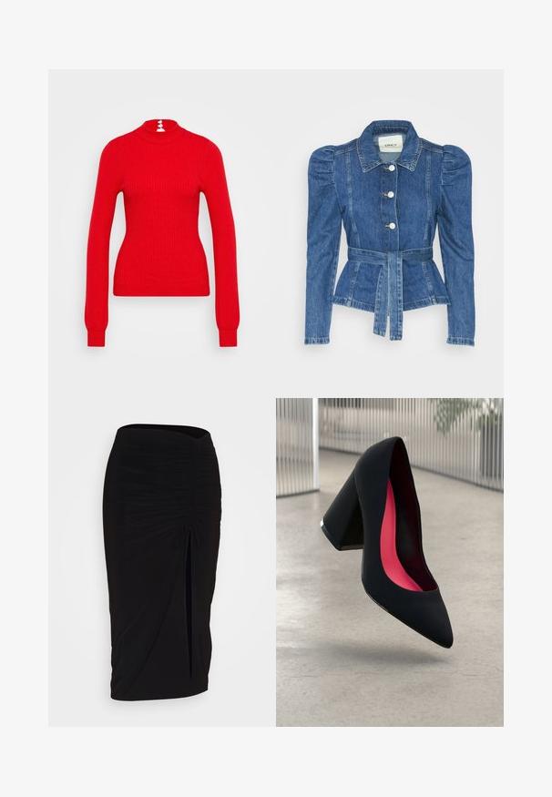 Farmer dzseki övvel a deréknál, testhez simuló fazon és puffos vállakkal. Középkék szín, struktúrált kialakítás és elöl gombos záródás.; Piros bordás garbó pulóver hosszú ujjakkal és testhez simuló fazonnal. A háta három fehér gombdíszítéssel rendelkezik a nyaknál.; Fekete, ráncolt ceruzaszoknya kötött részlettel és oldalsó hasítékkal. Rugalmas anyagból készült, sima textúrával és testhez álló kialakítással.; Fekete magassarkú cipő hegyes orral, textúrált felülettel és élénk rózsaszín béléssel. Vastag sarokkal rendelkezik, ezüst kiegészítővel.