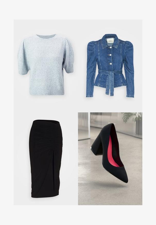 Denim jacket with a belted waist, fitted bodice, and puffed shoulders. Medium blue color, structured design, and front button closures.; ONLY ONLRICA LIFE PULLOVER - Jumper - light grey; Black, ruched pencil skirt with tie detail and a side slit. Made from a stretchy fabric, featuring a smooth texture and form-fitting design.; Black high-heeled shoe with a pointed toe and a textured upper. Interior features bright pink lining. Square heel with metallic accent at the base.