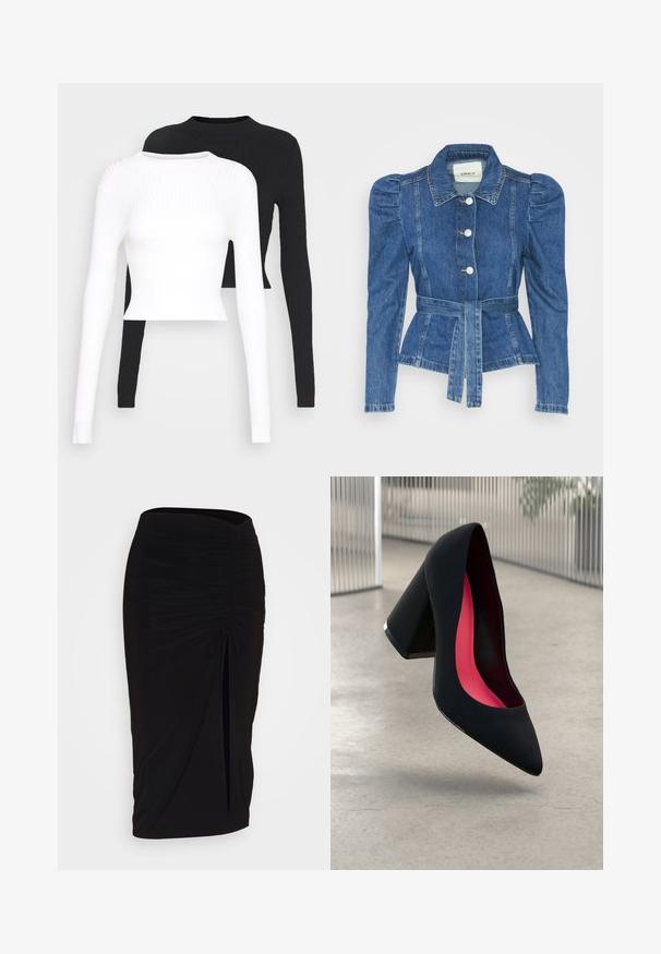 Jachetă din denim cu talie cu curea, bust ajustat și umeri bufanți. Culoare albastră medie, design structurat și închidere cu nasturi în față.; Două bluze cu mânecă lungă, cu textură răsucită: una albă și una neagră, având decolteu rotund și o croială scurtă. Textura este netedă și elastică.; Fustă creion neagră, plisată, cu detalii cu fundă și o fanta laterală. Fabricată dintr-un material elastic, cu o textură netedă și un design care se mulează pe corp.; Cămașă cu toc înalt, neagră, cu vârful ascuțit, suprafață texturată și interior de un roz vibrant. Dispune de un toc gros cu accent argintiu.