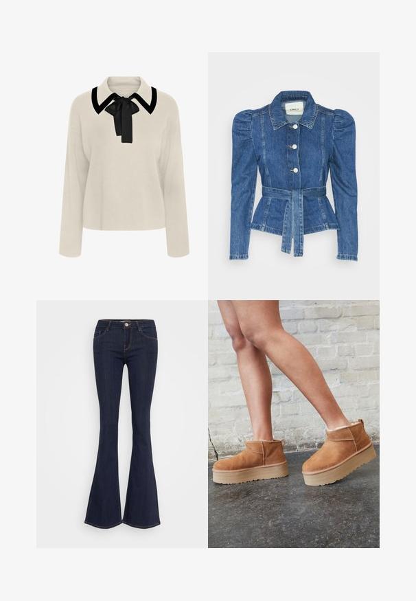 Denimiga jope, mille vöökoht on reguleeritav, kehaosa on kitsas ja õlavarred on puhvaariga. Keskmise sinise värvusega, struktureeritud disain ja ees nupulukud.; Beeži pikkade varrukatega pluus musta krae ja paela detailiga. Pehme tekstuur, mugav lõige ja lühike disain.; Tumedast denimist valmistatud flared teksad, millel on sobiv puusavöö, eesmine nööbikinnitus, viie taskuga disain ja õmblusest detailid jalgadel.; Pruunist seemsest valmistatud pahkluu saapad, millel on pehme vooder, paks beež platvormi konts ja tagumine tõmblukk. Tekstureeritud pind nähtavate õmbluse detailidega.