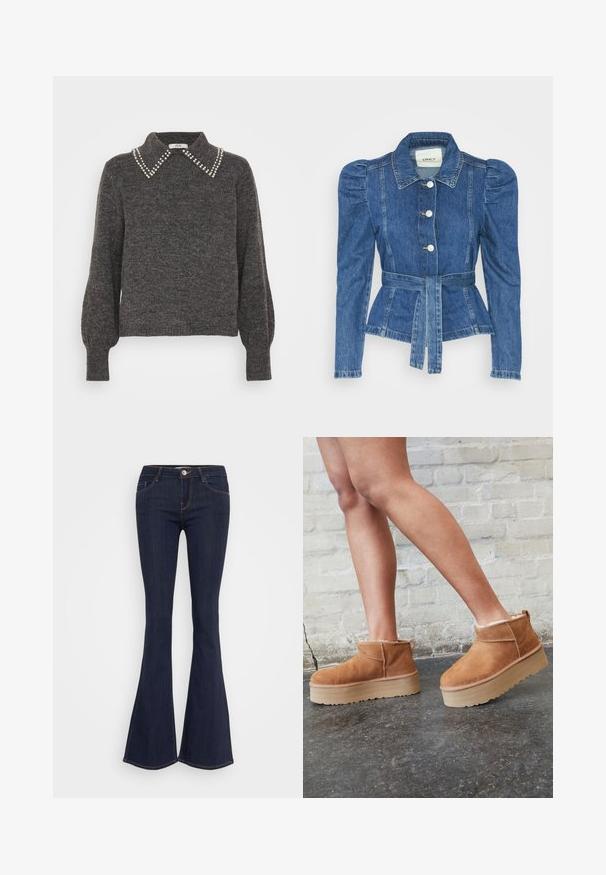 Jeansjakke med belte i midjen, tettsittende midje og puffede skuldre. Medium blå farge, strukturert design og frontknapper.; Mørkegrå genser med strukturert strikk, med en krage prydet med perleakenter og puffede ermer, ribbede mansjetter og kant.; Mørke denim flared jeans med en tettsittende midje, med frontknapplukking, fem lommers design og sømdetaljer langs beina.; Brune daim ankelstøvler med en bløt foring, tykk beige plattformsåle og en bakre trekkflik. Teksturert overflate med synlige stikningsdetaljer.