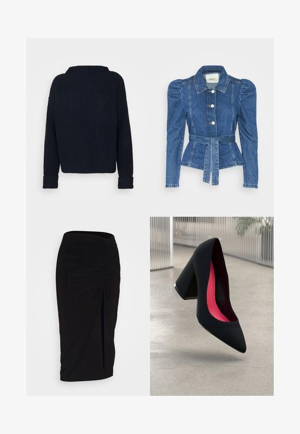 Jeansjakke med belte i midjen, tettsittende midje og puffede skuldre. Medium blå farge, strukturert design og frontknapper.; Marineblå strikket genser med høy hals, ribbet tekstur og lange ermer med oppbrettede mansjetter. Generelt avslappet passform.; Svart, rynket blyantskjørt med knyting og sidelits. Laget av et elastisk stoff, med en glatt tekstur og en kroppsnær passform.; Svart høye hæler med spiss tå, teksturert overflate og en livlig rosa innside. Har en kraftig hæl med sølvdetaljer.