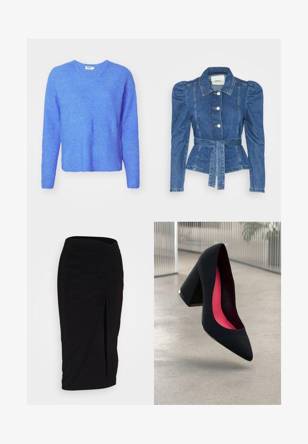 Farmer dzseki övvel a deréknál, testhez simuló fazon és puffos vállakkal. Középkék szín, struktúrált kialakítás és elöl gombos záródás.; Kék gumis kötésű pulóver V nyakkal, hosszú ujjakkal és laza szabással. Puha, textúrált anyagból készült. A címke "ONLY" feliratot tartalmaz.; Fekete, ráncolt ceruzaszoknya kötött részlettel és oldalsó hasítékkal. Rugalmas anyagból készült, sima textúrával és testhez álló kialakítással.; Fekete magassarkú cipő hegyes orral, textúrált felülettel és élénk rózsaszín béléssel. Vastag sarokkal rendelkezik, ezüst kiegészítővel.