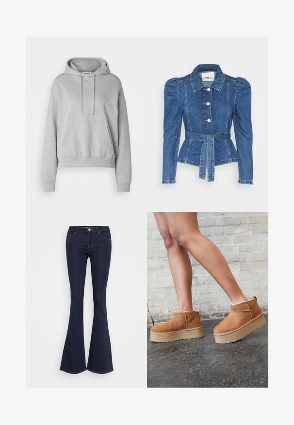 Džinsu jaka ar jostas vidukli, pieguļošu augšdaļu un pūšām plecu daļām. Vidēji zila krāsa, strukturēts dizains un priekšējie pogu aizdarījumi.; Pelēka kapuce izgatavota no kokvilnas maisījuma, ar kangarūšu kabatu, regulējamu kapuci, garām piedurknēm un ribota apakšmalu un piedurkņu galiem.; Tumši džinsi ar platām kājām un pieguļošu jostu, ar priekšējo pogas aizdari, piecu kabatu dizainu un šuvju detaļām gar kājām.; Brūni zamšāda potītes zābaki ar mīkstu oderi, biezu bēša krāsas platformas zoli un aizmugurē esošu cilpu. Tekstūrēta virsma ar redzamām šuvēm.