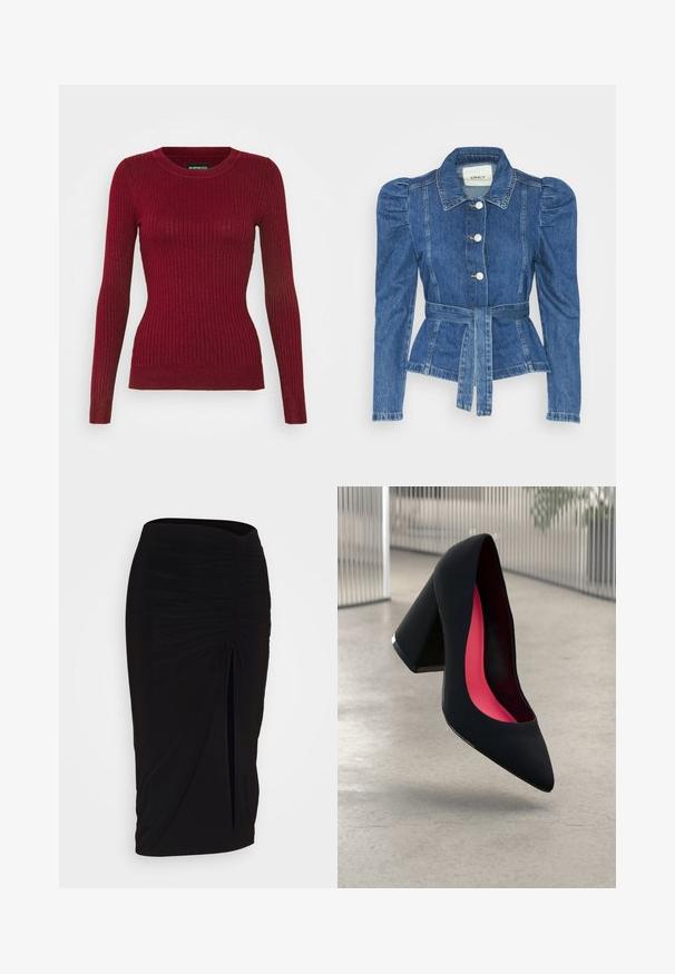 Denim jacket with a belted waist, fitted bodice, and puffed shoulders. Medium blue color, structured design, and front button closures.; Red ribbed long-sleeve sweater with a round neckline. Features a fitted silhouette and textured fabric, with subtle stretch.; Black, ruched pencil skirt with tie detail and a side slit. Made from a stretchy fabric, featuring a smooth texture and form-fitting design.; Black high heel shoe with a pointed toe, textured surface, and a vibrant pink interior. Features a chunky heel with silver accent.