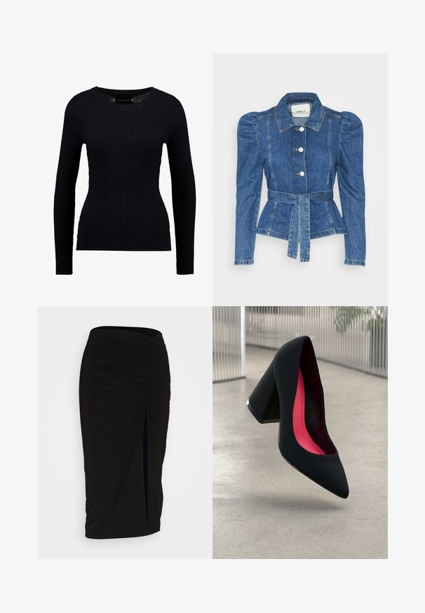 Casaco de ganga com cintura ajustada, corpete justo e ombros bufantes. Cor azul média, design estruturado e fecho frontal por botões.; Suéter preto de manga longa canelado com decote redondo e silhueta ajustada. A textura é lisa com um ligeiro estiramento em toda a peça.; Saia lápis preta, franzida, com detalhe de laço e uma fenda lateral. Feita de um tecido elástico, apresenta uma textura suave e um design justo ao corpo.; Sapato de salto alto preto com bico puntiagudo, superfície texturizada e um interior vibrante em rosa. Apresenta um salto grosso com detalhe em prata.
