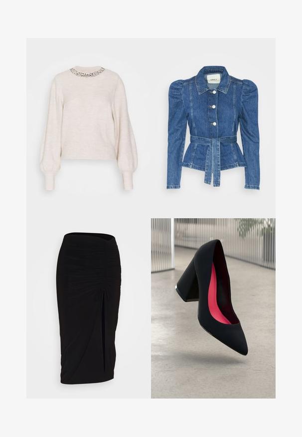 Giacca in denim con vita cintrata, corpino aderente e spalle imbottite. Colore blu medio, design strutturato e chiusura frontale con bottoni.; Maglione color crema con una texture a coste, maniche lunghe a palloncino e un collo decorato con perline. Trasmette un aspetto morbido e accogliente.; Gonna a tubino nera, arricciata, con dettaglio a fiocco e uno spacco laterale. Realizzata in un tessuto elasticizzato, presenta una texture liscia e un design aderente.; Scarpa con tacco alto nera, con punta affusolata, superficie testurizzata e un vivace interno rosa. Presenta un tacco spesso con un accento argentato.