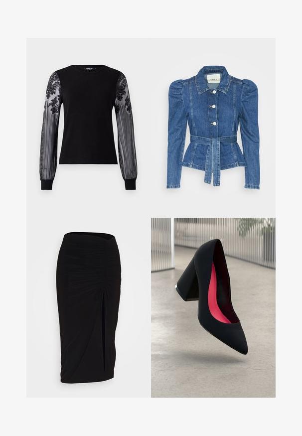 Denimjakke med beltedal, tætsiddende liv og puffede skuldre. Mellemblå farve, struktureret design og frontknaplukninger.; Sort langærmet top med en ensfarvet strik-krop og gennemsigtige, teksturerede meshærmer med blomsterbroderi og stribet mønster ved manchetterne.; Sort, rynket blyantskørt med bindebånd og en sidelæg. Fremstillet af et strækbart stof, der har en glat overflade og en tætsiddende pasform.; Sort højhælet sko med spids tå, struktureret overflade og et livligt pink interiør. Har en kraftig hæl med sølvdetaljer.
