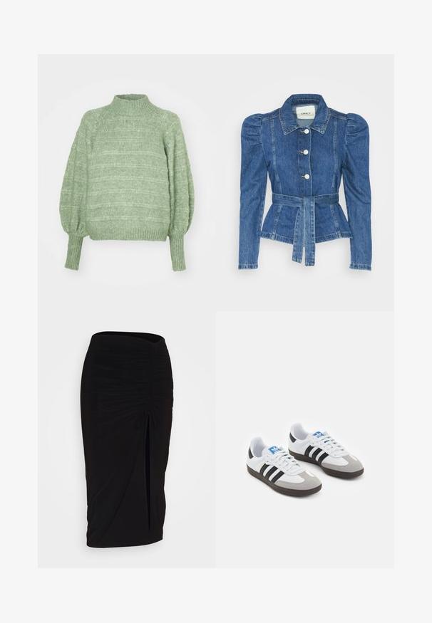 Denim jakna z pasom, prilegajoča bodica in napihnjena ramena. Srednje modra barva, strukturna zasnova in sprednje gumbne zanke.; Zeleno pleteno pulover s visokim ovratnikom, dolgimi ballon rokavi in žametnimi manšetami. Ima teksturiran, vodoravni trakasti vzorec.; Črna, nabrana svinčnik krilo z detajlom v obliki traku in stranskim razporkom. Narejeno iz raztegljive tkanine, ki se ponaša z gladko teksturo in oblikovanjem, ki se prilega telesu.; Športni čevlji z belim usnjenim zgornjim delom, sivim semišem na prstih in tremi črnimi črtami. Imajo modro logo na jeziku in teksturiran gumijast podplat.