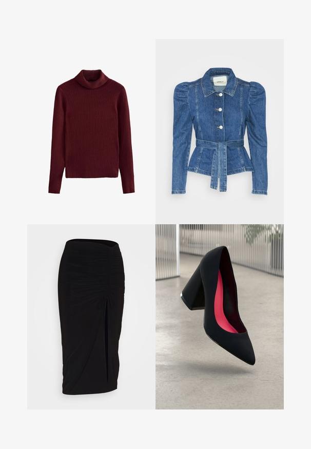 Denim jakna z pasom, prilegajoča bodica in napihnjena ramena. Srednje modra barva, strukturna zasnova in sprednje gumbne zanke.; Next HIGH ROLL NECK - Pulover - red burgundy; Črna, nabrana svinčnik krilo z detajlom v obliki traku in stranskim razporkom. Narejeno iz raztegljive tkanine, ki se ponaša z gladko teksturo in oblikovanjem, ki se prilega telesu.; Črne visoke petke z nazobčanim prstom, teksturirano površino in živahnimi rožnatimi notranjimi deli. Imajo robustno peto z srebrnim akcentom.
