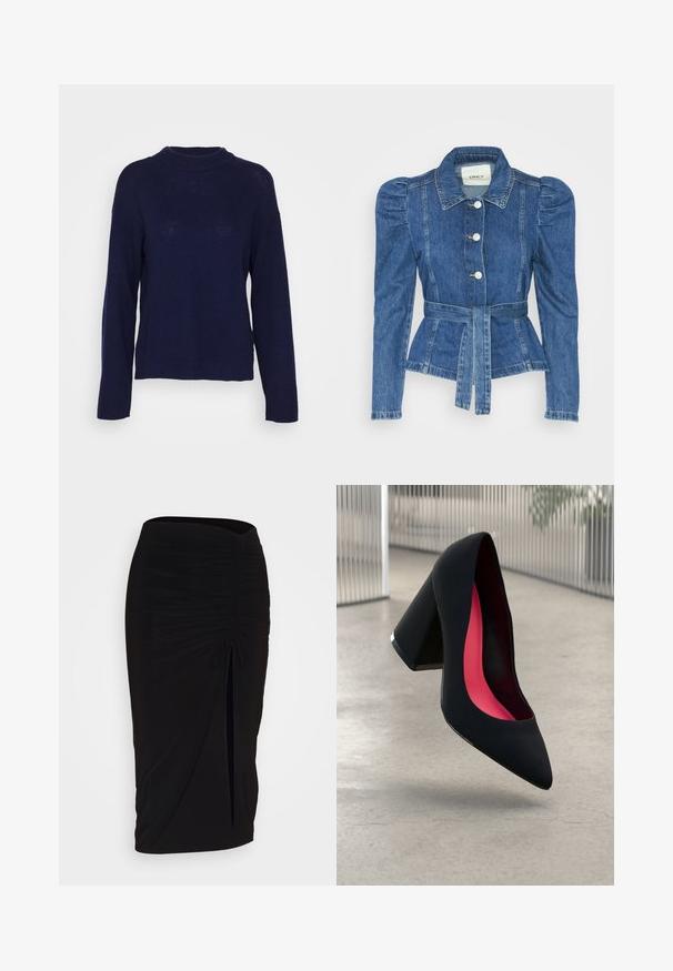 Casaco de ganga com cintura ajustada, corpete justo e ombros bufantes. Cor azul média, design estruturado e fecho frontal por botões.; Suéter de malha azul marinho com decote redondo, mangas longas e bainha canelada. Tecido texturizado com ligeiras variações na espessura.; Saia lápis preta, franzida, com detalhe de laço e uma fenda lateral. Feita de um tecido elástico, apresenta uma textura suave e um design justo ao corpo.; Sapato de salto alto preto com bico puntiagudo, superfície texturizada e um interior vibrante em rosa. Apresenta um salto grosso com detalhe em prata.