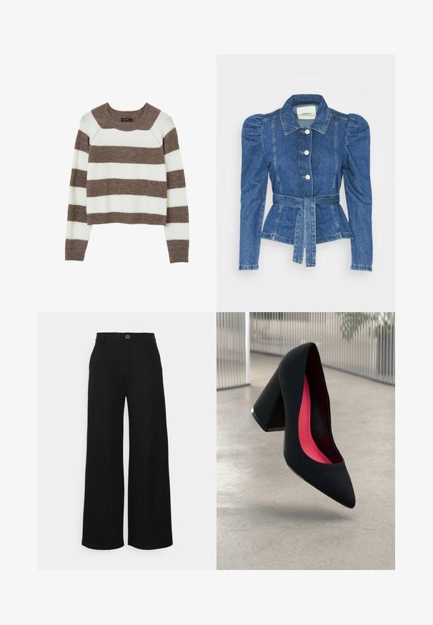 Jeansjacke mit tailliertem Schnitt, fitted Oberteil und gepufften Schultern. Mittelblaue Farbe, strukturierte Form und Frontknopfverschlüsse.; Calliope RAYÉ À COL RAS DU COU - Strickpullover - une variante; Even&Odd Petite Stoffhose - black; Schwarzer High Heel Schuh mit spitzer Zehe, strukturiertem Obermaterial und lebhaftem pinken Innenraum. Verfügt über einen dicken Absatz mit silberner Akzentuierung.