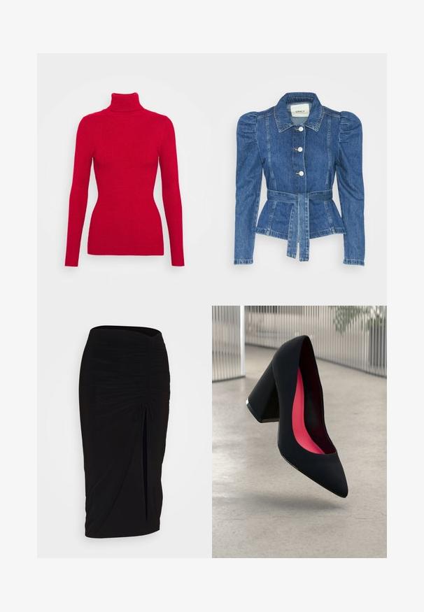 Jeansjacke mit tailliertem Schnitt, fitted Oberteil und gepufften Schultern. Mittelblaue Farbe, strukturierte Form und Frontknopfverschlüsse.; Roter, gerippter Rollkragenpullover mit langen Ärmeln, strukturiertem Stoff, figurbetonendem Schnitt und hohem Kragen. Keine sichtbaren Verzierungen.; Schwarzer, geraffter Bleistiftrock mit Bindegürtel und seitlichem Schlitz. Hergestellt aus einem dehnbaren Stoff, mit glatter Textur und figurschmeichelndem Design.; Schwarzer High Heel Schuh mit spitzer Zehe, strukturiertem Obermaterial und lebhaftem pinken Innenraum. Verfügt über einen dicken Absatz mit silberner Akzentuierung.