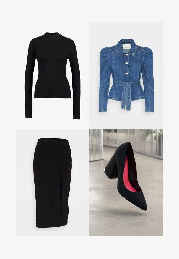 Jeansowa kurtka z pasem w talii, dopasowaną górą i bufiaste ramiona. Średni niebieski kolor, usztywniony fason oraz zapięcie na guziki z przodu.; Czarny sweter z wysokim kołnierzem, prążkowany, z długimi rękawami i dopasowanym fasonem, charakteryzujący się gładką teksturą i wyraźnie zarysowaną sylwetką.; Czarna, marszczona spódnica typu ołówkowego z węzłem i bocznym rozcięciem. Wykonana z elastycznego materiału, o gładkiej fakturze i dopasowanym kroju.; Czarna szpilka o spiczastym nosie, z teksturowaną powierzchnią i intensywnie różowym wnętrzem. Posiada masywny obcas z srebrnym akcentem.